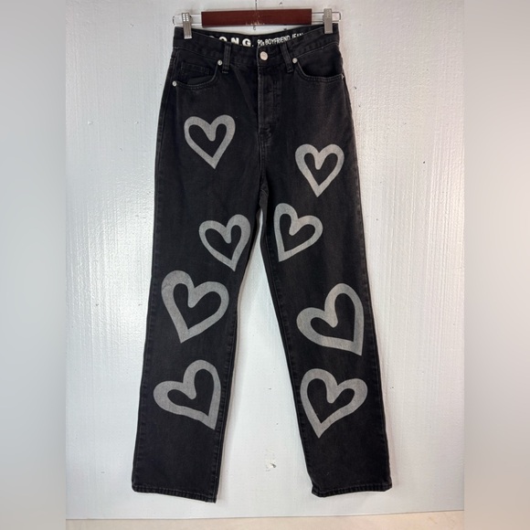 S.O.N.G. 5/27 2Silver Hearts All Over 90s Boyfriend Style Button Fly Jeans Black - Picture 1 of 6
